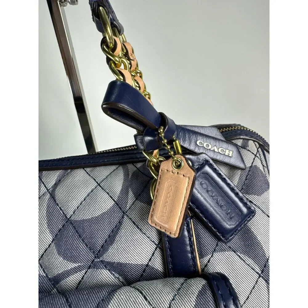 Coach Poppy Quilted Signature Denim Pocket Satchel 25072 Navy Leather 2Way Bag